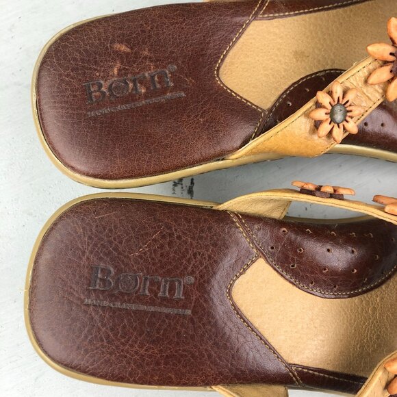 Born Women's Size 9 Brown Leather Flower Applique Open Toe Slip On Heeled Sandal - Picture 11 of 14
